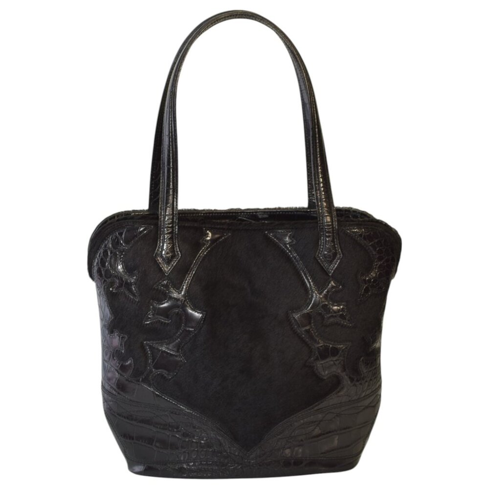 ETRO Black Fur & Crocodile Embossed Leather Tote Shoulder Bag Handbag